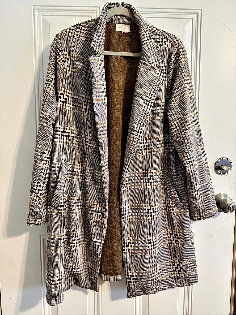 Melloday Plaid Open Front Longline Jacket Plaid Coat in Brown & Gray Size 1X